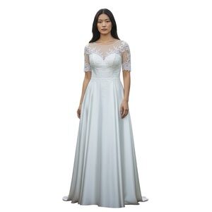 White Satin Like Lace Embroidery Sheer top Short Sleeve Dress Sz see measurement